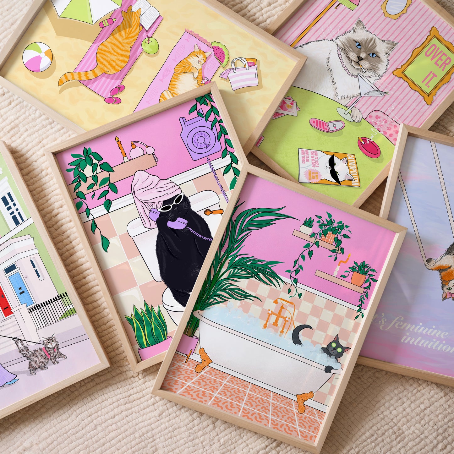 Beach Babes Illustrated Cat Art Print