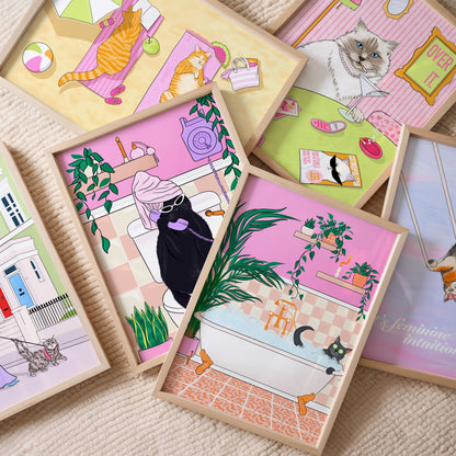 Beach Babes Illustrated Cat Art Print