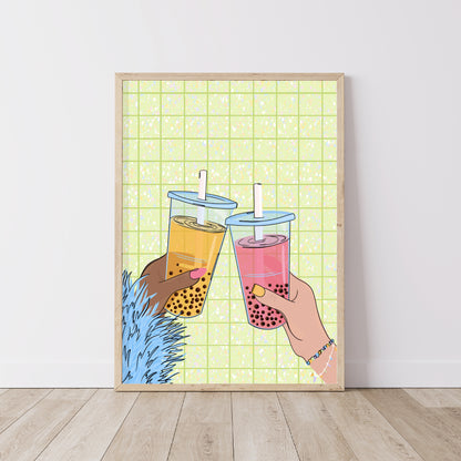 Bubble Tea Cheers Illustrated Print