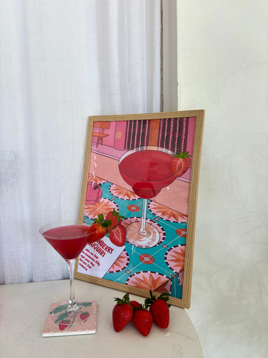 Strawberry Daiquiri Cocktail Illustrated Art Print