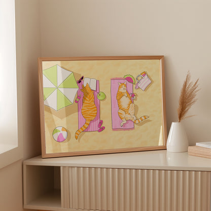 Beach Babes Illustrated Cat Art Print