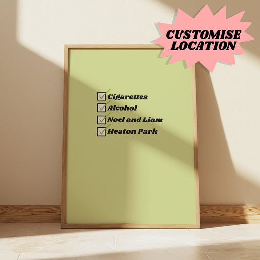 Customisable Cigarettes and Alcohol UK Location Oasis Print